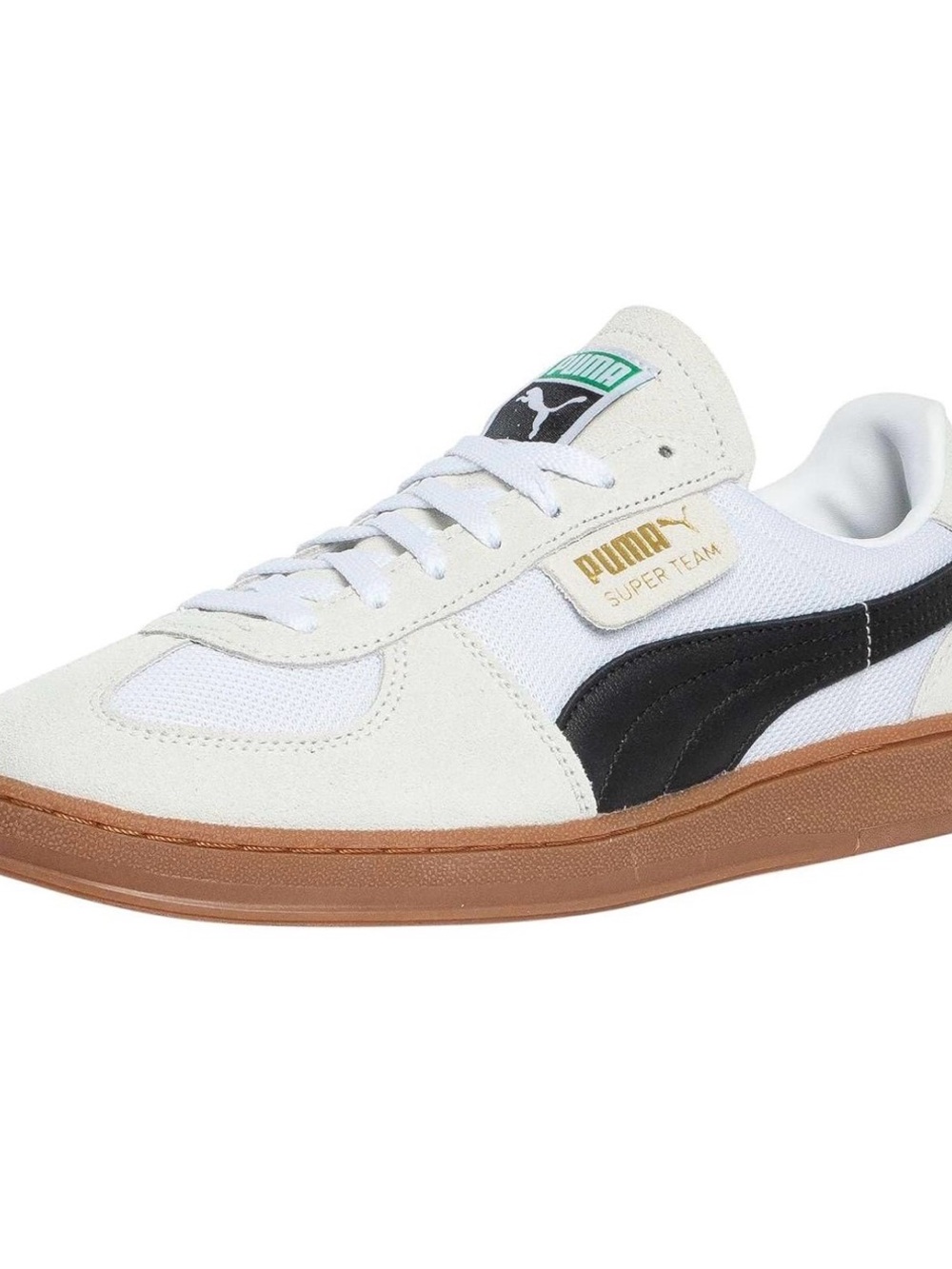 Puma White and Black Super Team Sneaker with Gum Sole